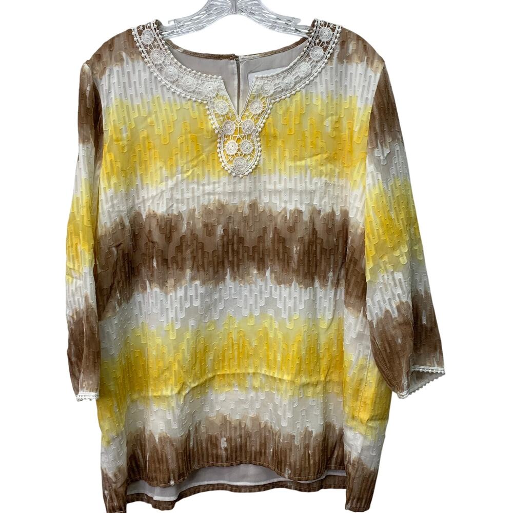 Alfred Dunner Womens Sz 16 Yellow Brown White 3/4 Sleeve Crochet Neckline Blouse